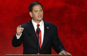 U.S. Senator Marco Rubio addresses delegates as he introduces Republican presidential nominee Mitt Romney during the final session of the Republican National Convention in Tampa