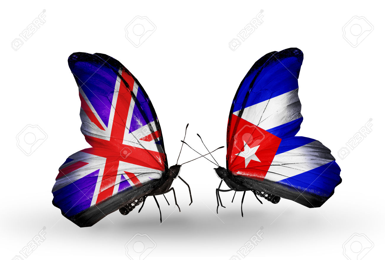 Two butterflies with flags on wings as symbol of relations UK and Cuba ...