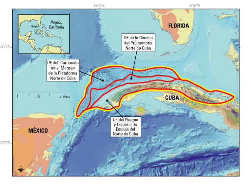 North Cuba Basin in the Northwest of Cuba. The demarcation (line yellow line) Total oil composed of Jurassic system - Cretaceous surrounds the three assessed units (EU) and defined in this study. The thin black lines represent failures on the ocean floor; Rod and ball show side moved down."width ="512 "height =" 377 "class ="size-full wp-image-74974"/ > figure 1. North Cuba Basin in the Northwest of Cuba. The demarcation (line yellow line) Total oil composed of Jurassic system - Cretaceous surrounds the three assessed units (EU) and defined in this study. The lines black fine represent failures in the floor Ocean; Rod and ball are the moved side facing down. 