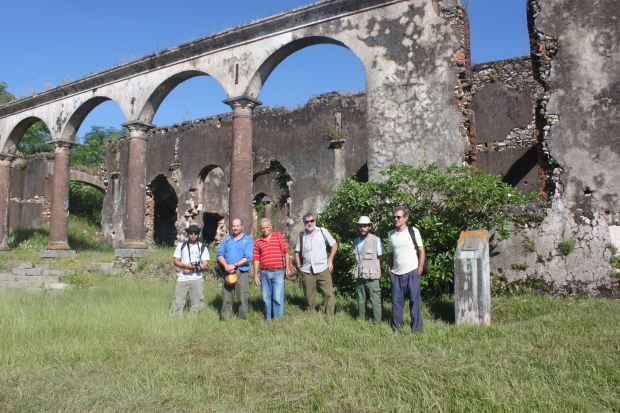 Archeologists are shown outside the ruins of the main mansion house. (Submitted by Aaron Taylor) 