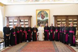 Pope Francis poses with Cuban bishops during their "ad limina" visit to the Vatican May 4. (CNS photo/L'Osservatore Romano) See POPE-CUBA-GARCIA May 5, 2017.