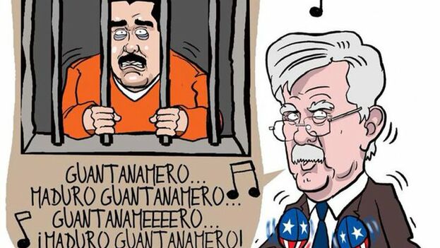 Caricatura de Maduro tras las rejas de Guantánamo en el despacho de Bolton. (Fernando Pinilla)