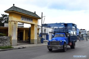 Image of November 18, 2020, of a cargo vehicle circulating in front of the entrance of the Chinese Cemetery of Havana. (Xinhua / Joaquín Hernández) 