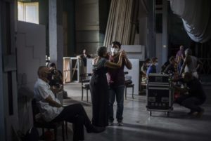 A couple dance danzón during a rehearsal with the Failde Orchestra in Matanzas, Cuba, Saturday, Oct. 2, 2021. Danzón started in the city in the late 1800s and became the national dance of Cuba, spreading to other countries in the region. (AP Photo/Ramón Espinosa) 